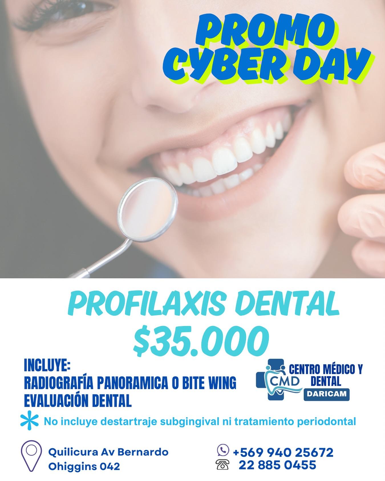 🦷 “¿Sabes por qué es importante una profilaxis dental? 🚨💫La profilaxis dental es fundamental para:- Prevenir enfermedades bucales como la caries y la gingivitis
- Eliminar la placa y el sarro que pueden causar problemas de salud bucal
- Mantener una sonrisa saludable y brillante
- Prevenir problemas de salud general, como enfermedades cardíacas y diabetes, que están relacionadas con la salud bucal¿Por qué aprovechar nuestro Cyber Day?- Descuento especial en profilaxis dental
- Oportunidad de cuidar tu salud bucal sin romper el banco
- Reserva tu cita y aprovecha nuestros precios especiales¡No te pierdas esta oportunidad de cuidar tu sonrisa! 💫👍 #CyberDay #ProfilaxisDental #SaludBucal #SonríeConConfianza”
